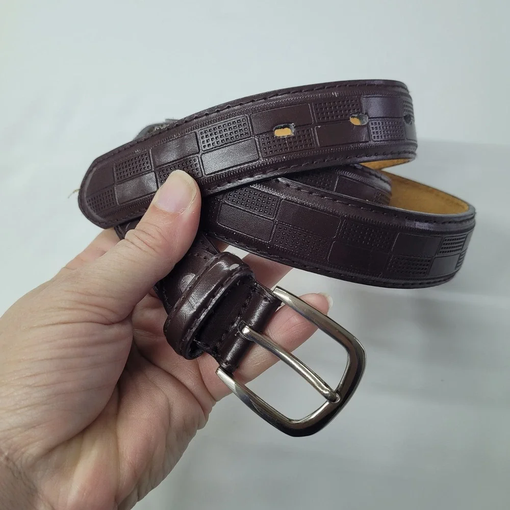 Men's Belt American Design Brown Genuine Leather Block Pattern‎ Belt XL